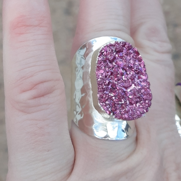 Pink Titanium Druzy Silver Plated Adjustable Ring. - Picture 4 of 8